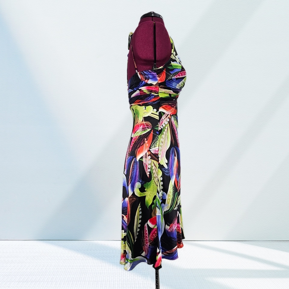 Y2K Cache Vintage 100% Silk Party Bright Colorful Floral Halter Midi Dress - Picture 5 of 15